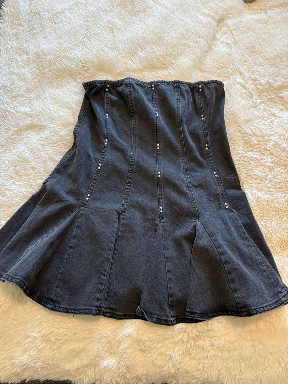 Black Denim Flared Skirt with Stud Detailing